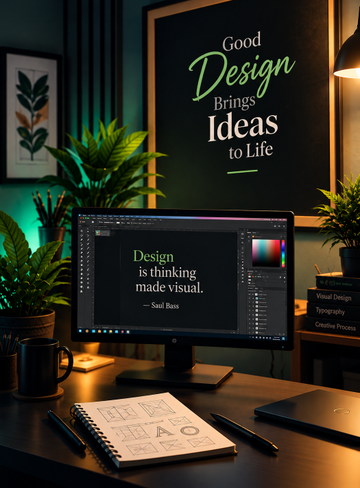 Chetan's creative design workspace — monitor with design software open, sketchbook and desk setup